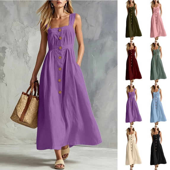 Smsaxvxz Womens Maxi Summer Tank Dresses Fashion Square Neck Sleeveless Button Down Casual Solid Loose Beach Vacation Sundress Purple 2XL