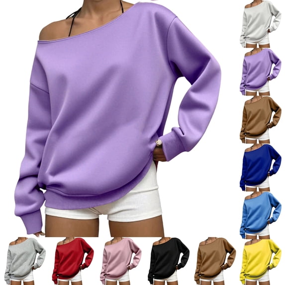 Smsaxvxz Womens Off Shoulder Sweatshirts Casual Solid Long Sleeve Pullover Tops Purple S