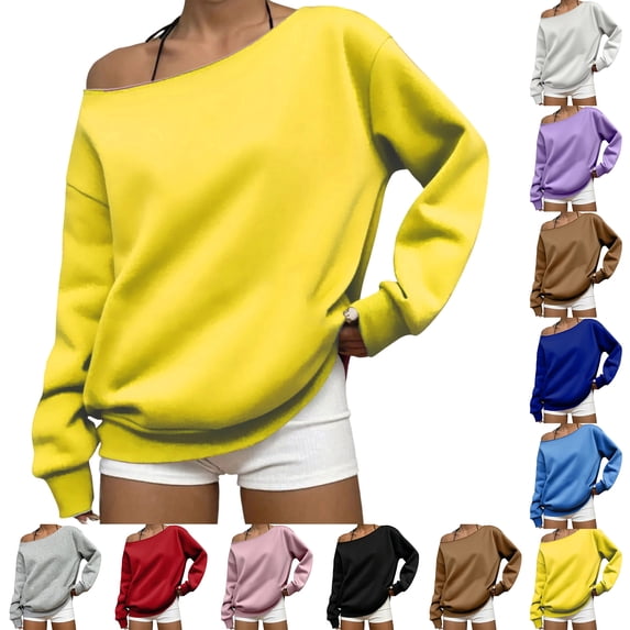 Smsaxvxz Womens Off Shoulder Sweatshirts Casual Solid Long Sleeve Pullover Tops Yellow S
