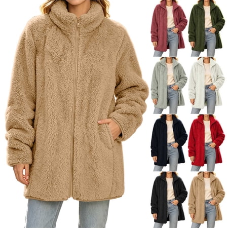 Smsaxvxz Womens Oversized Jacket Fuzzy Fleece Zip Up Jackets Comfy Soft Long Sleeve Warm Winter Coats Khaki L