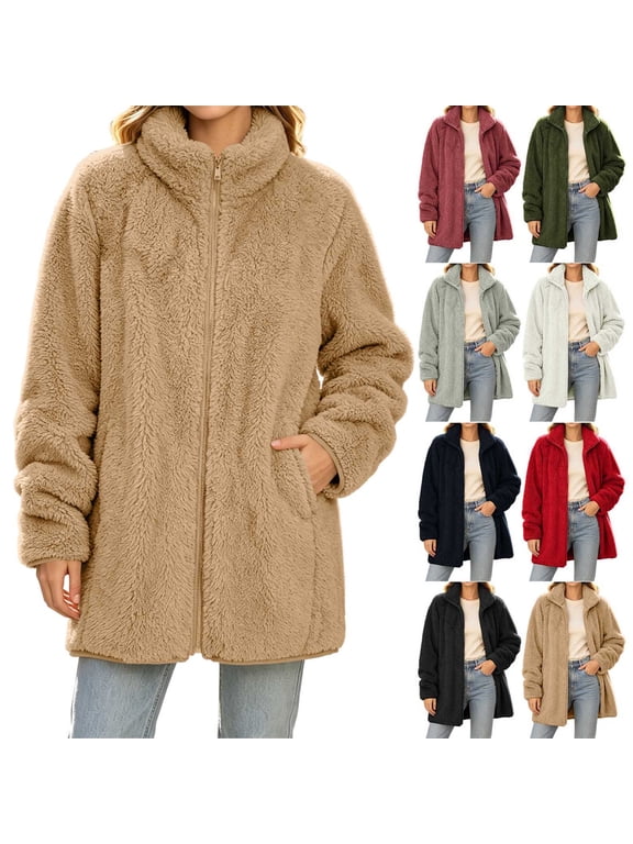 Womens Oversized Jacket Fuzzy Fleece Zip Up Jackets Comfy Soft Long Sleeve Warm Winter Coats Khaki M