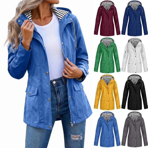 Smsaxvxz Womens Plus Size Hooded Raincoat Lightweight Fit Waterproof Windbreaker Zip up Rain Jacket with Pockets Blue M