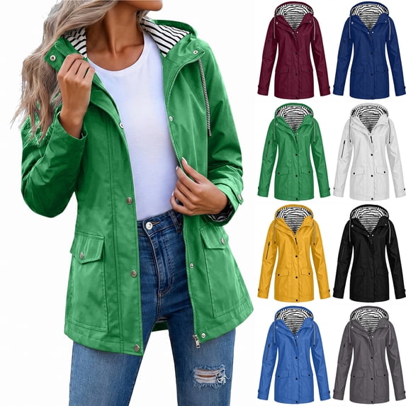 Smsaxvxz Womens Plus Size Hooded Raincoat Lightweight Fit Waterproof Windbreaker Zip up Rain Jacket with Pockets Green S