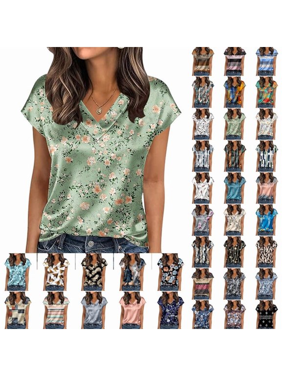 Womens Plus Size Summer Tops Fashion Floral Printed V Neck Short Sleeve Pullover Shirts Casual Loose Blouse Green 3XL