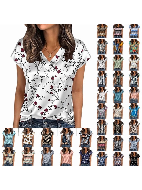 Womens Plus Size Summer Tops Fashion Floral Printed V Neck Short Sleeve Pullover Shirts Casual Loose Blouse Wine 2XL