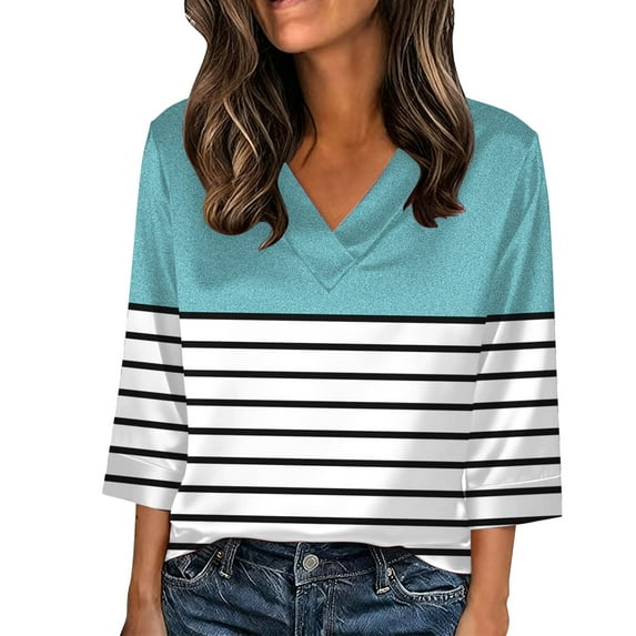 Smsaxvxz Womens Plus Size Tops Spring Summer Stripes Satin 3/4 Sleeve V Neck Blouses Casual Loose T Shirts