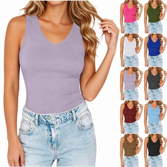 Smsaxvxz Womens Pullover Sports Tank Tops Summer Fashion Solid V Neck Sleeveless Casual Slim Fit Shirts 2026 Summer Clothes