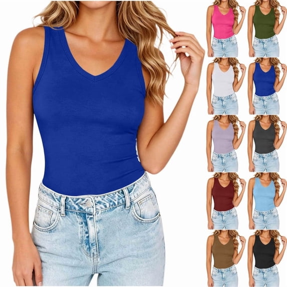 Smsaxvxz Womens Pullover Sports Tank Tops Summer Fashion Solid V Neck Sleeveless Casual Slim Fit Shirts 2026 Summer Clothes