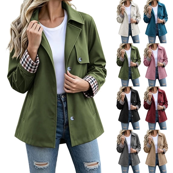 Smsaxvxz Womens Short Trench Jacket Plaid Lining Button Front Coat Lightweight Casual Outerwear with Pockets Army Green 2XL