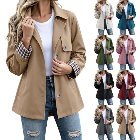Smsaxvxz Womens Short Trench Jacket Plaid Lining Button Front Coat Lightweight Casual Outerwear with Pockets Khaki XL