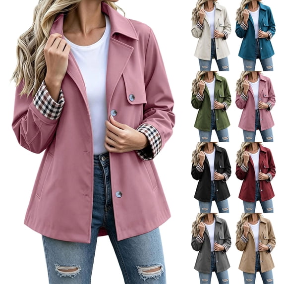 Smsaxvxz Womens Short Trench Jacket Plaid Lining Button Front Coat Lightweight Casual Outerwear with Pockets Pink XL