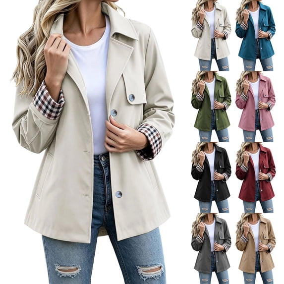Smsaxvxz Womens Short Trench Jacket Plaid Lining Button Front Coat Lightweight Casual Outerwear with Pockets White XL