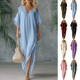 thumbnail image 1 of Smsaxvxz Womens Summer Cotton Line Maxi Dresses 2026 Fashion V Neck Short Sleeve Slit Hem Casual Loose Solid Flowy Hem Vacation Sundress Blue L, 1 of 7