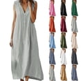 thumbnail image 1 of Smsaxvxz Summer Cotton Linen Dresses for Women 2026 Casual Solid Button V-Neck Sleeveless Loose Beach Vacation Long Maxi Sundress Gray S, 1 of 7