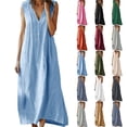 thumbnail image 1 of Smsaxvxz Summer Cotton Linen Dresses for Women 2026 Casual Solid Button V-Neck Sleeveless Loose Beach Vacation Long Maxi Sundress Light Blue S, 1 of 7