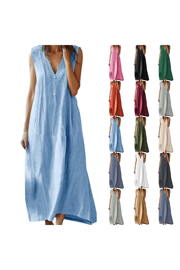 Summer Cotton Linen Dresses for Women 2026 Casual Solid Button V-Neck Sleeveless Loose Beach Vacation Long Maxi Sundress Light Blue XL