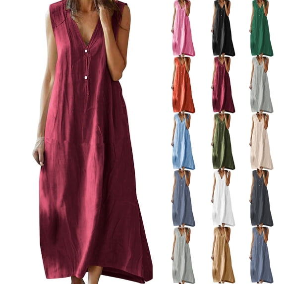 Smsaxvxz Summer Cotton Linen Dresses for Women 2026 Casual Solid Button V-Neck Sleeveless Loose Beach Vacation Long Maxi Sundress Wine 4XL
