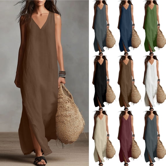 Smsaxvxz Womens Summer Cotton Linen Dresses Fashion Solid V-Neck Sleeveless Slit Hem Sundress Casual Loose Beach Vacation Long Maxi Dress Brown L