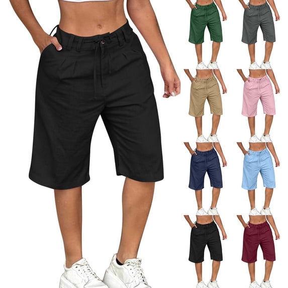 Smsaxvxz Womens Summer Cotton Linen Shorts Fashion Solid Bermuda Shorts Casual Loose Summer Beach Shorts Black S