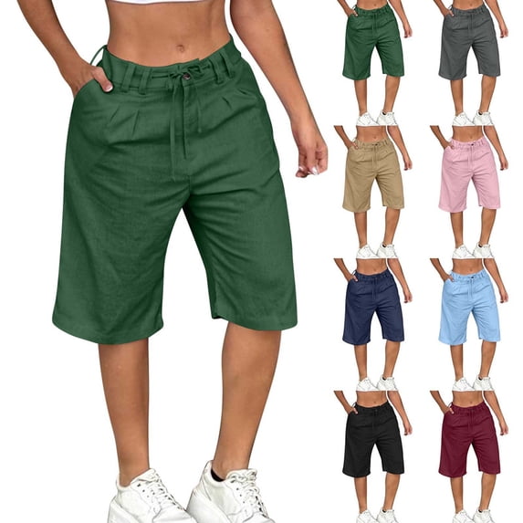 Smsaxvxz Womens Summer Cotton Linen Shorts Fashion Solid Bermuda Shorts Casual Loose Summer Beach Shorts Green M