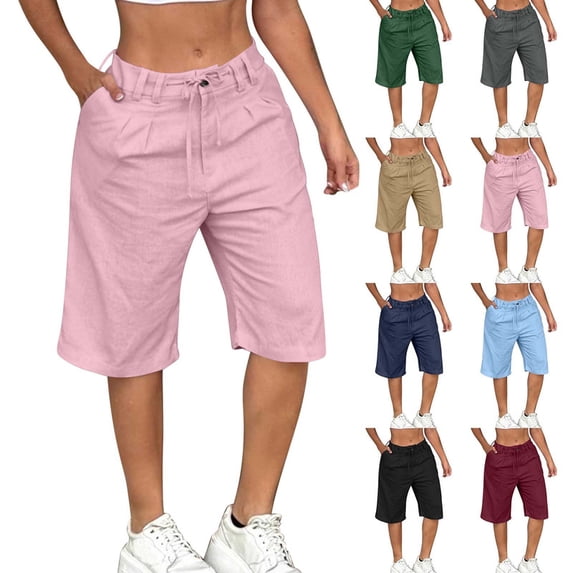 Smsaxvxz Womens Summer Cotton Linen Shorts Fashion Solid Bermuda Shorts Casual Loose Summer Beach Shorts Pink XL