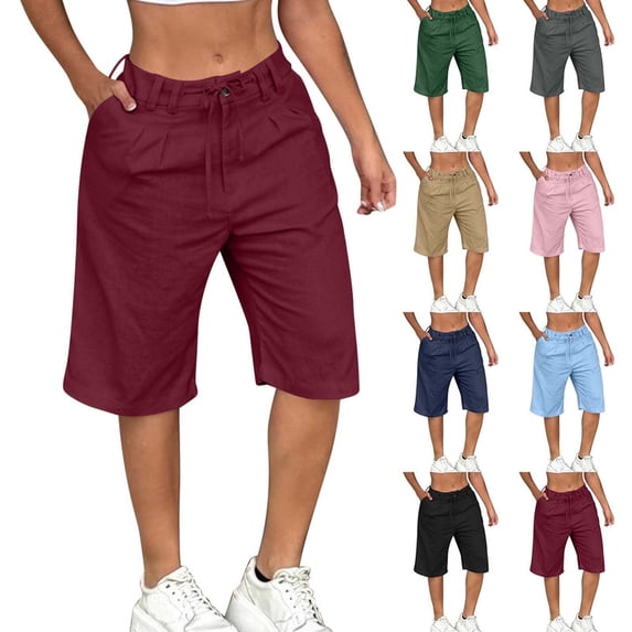 Smsaxvxz Womens Summer Cotton Linen Shorts Fashion Solid Bermuda Shorts Casual Loose Summer Beach Shorts Wine M