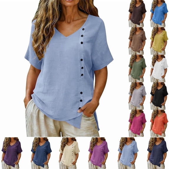 Smsaxvxz Womens Summer Cotton Linen Tops Fashion V Neck Short Sleeve Button Down Shirts Casual Solid Loose Irregular Hem Blouse