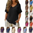 thumbnail image 1 of Smsaxvxz Womens Summer Cotton Linen Tops Fashion V Neck Short Sleeve Button Down Shirts Casual Solid Loose Irregular Hem Blouse, 1 of 5