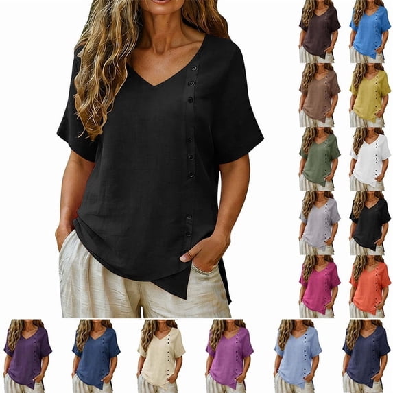 Smsaxvxz Womens Summer Cotton Linen Tops Fashion V Neck Short Sleeve Button Down Shirts Casual Solid Loose Irregular Hem Blouse