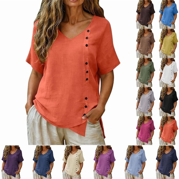 Smsaxvxz Womens Summer Cotton Linen Tops Fashion V Neck Short Sleeve Button Down Shirts Casual Solid Loose Irregular Hem Blouse