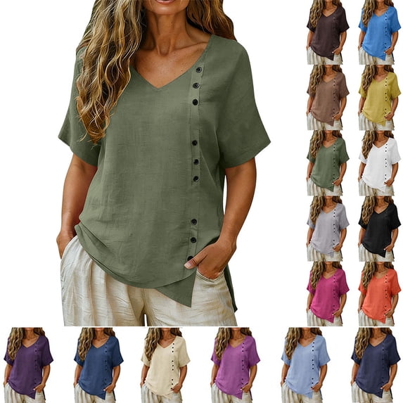 Smsaxvxz Womens Summer Cotton Linen Tops Fashion V Neck Short Sleeve Button Down Shirts Casual Solid Loose Irregular Hem Blouse