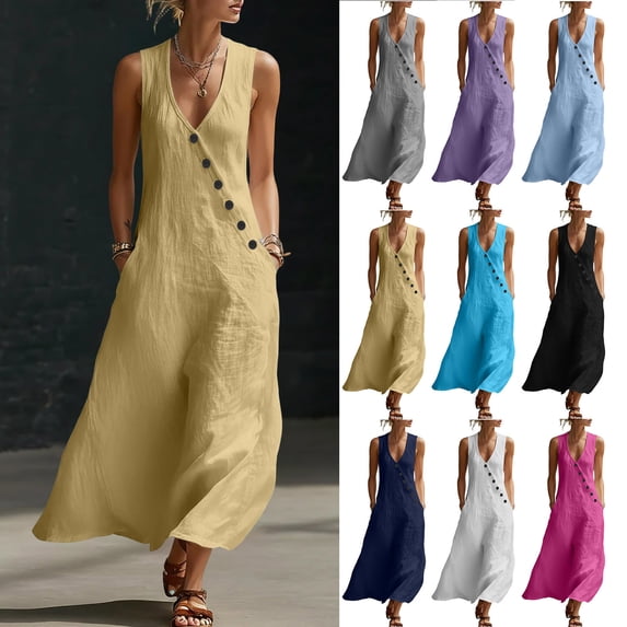 Smsaxvxz Womens Summer Maxi Dresses Fashion Solid V-Neck Sleeveless Button Casual Loose Tank Beach Sundress Yellow 2XL