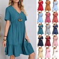 thumbnail image 1 of Smsaxvxz Womens Summer Mini Dresses Fashion Solid V Neck Short Sleeve Tiered Ruffle Flowy Hem Pleated Beach Vacation Holiday Sundress Blue 2XL, 1 of 9