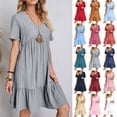 thumbnail image 1 of Smsaxvxz Womens Summer Mini Dresses Fashion Solid V Neck Short Sleeve Tiered Ruffle Flowy Hem Pleated Beach Vacation Holiday Sundress Gray 3XL, 1 of 9
