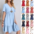 thumbnail image 1 of Smsaxvxz Womens Summer Mini Dresses Fashion Solid V Neck Short Sleeve Tiered Ruffle Flowy Hem Pleated Beach Vacation Holiday Sundress Light Blue 5XL, 1 of 9