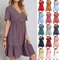 thumbnail image 1 of Smsaxvxz Womens Summer Mini Dresses Fashion Solid V Neck Short Sleeve Tiered Ruffle Flowy Hem Pleated Beach Vacation Holiday Sundress Purple 3XL, 1 of 9