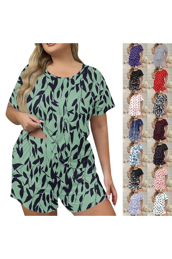 Womens Summer Plus Size Pajamas Set 2 Piece Fashion Floral Printed PJ Casual Round Neck T-shirt Top and Shorts Sleepwear Set Green 3XL