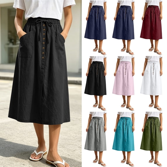 Smsaxvxz Womens Summer Skirts Casual Solid Front Button A-Line Drawstring Elastic Waist Midi Skirt with Pockets Black L