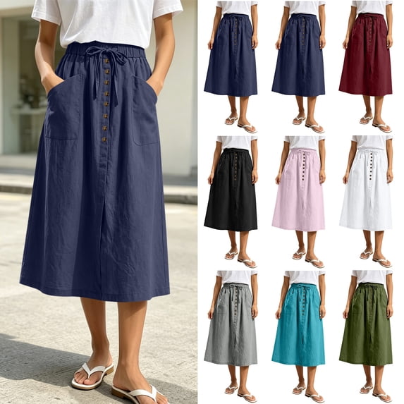 Smsaxvxz Womens Summer Skirts Casual Solid Front Button A-Line Drawstring Elastic Waist Midi Skirt with Pockets Navy L