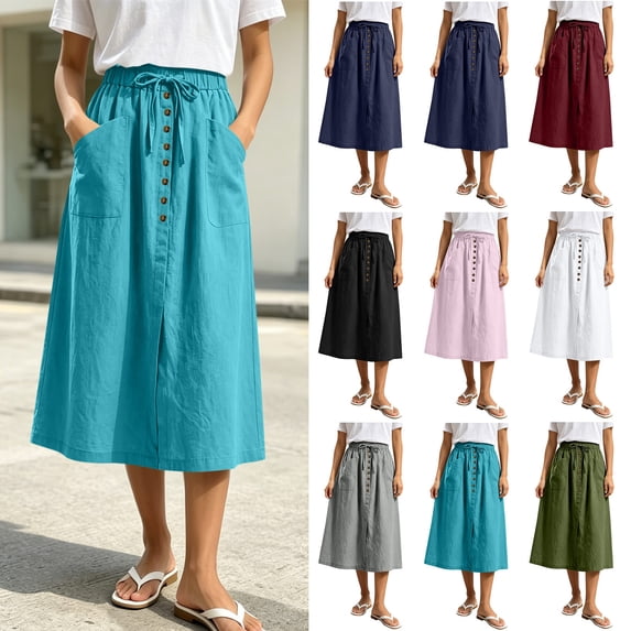 Smsaxvxz Womens Summer Skirts Casual Solid Front Button A-Line Drawstring Elastic Waist Midi Skirt with Pockets Sky Blue L