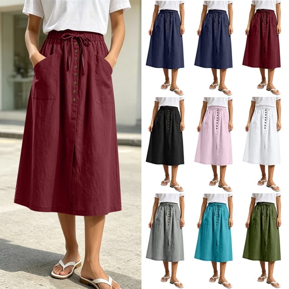 Smsaxvxz Womens Summer Skirts Casual Solid Front Button A-Line Drawstring Elastic Waist Midi Skirt with Pockets Wine S