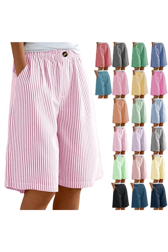 Womens Summer Striped Bermuda Fashion Drawstring Elastic Waist Casual Loose Wide Leg Pants With Pockets Pink 01 3XL