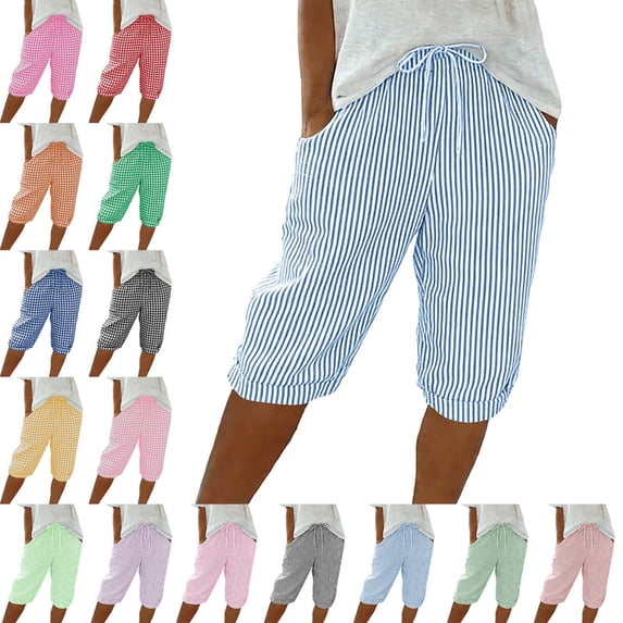 Smsaxvxz Womens Summer Striped Bermuda Shorts Fashion Drawstring Elastic Waist Casual Loose Summer Shorts Blue 01 L