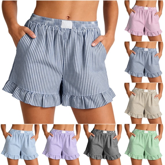 Smsaxvxz Womens Summer Striped Cotton Linen Shorts Fashion Ruffle Trim Bottoms with Pockets Casual Loose Summer Beach Shorts Blue XL