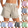 thumbnail image 1 of Smsaxvxz Womens Summer Striped Cotton Linen Shorts Fashion Ruffle Trim Bottoms with Pockets Casual Loose Summer Beach Shorts Khaki S, 1 of 5