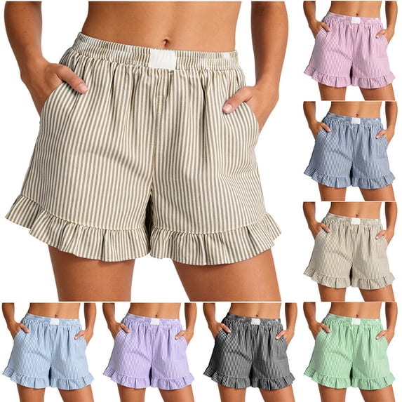 Smsaxvxz Womens Summer Striped Cotton Linen Shorts Fashion Ruffle Trim Bottoms with Pockets Casual Loose Summer Beach Shorts Khaki S