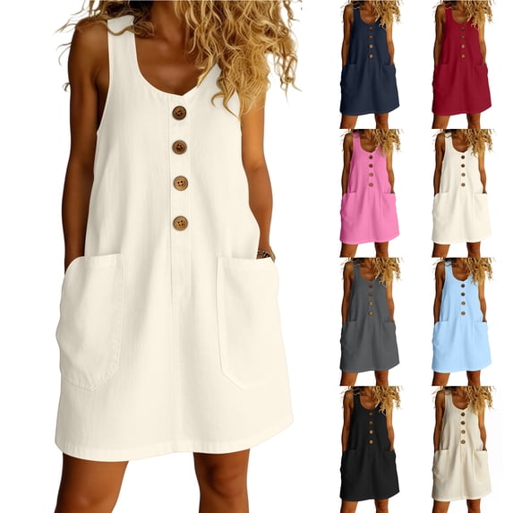 Smsaxvxz Womens Summer Tank Dresses Fashion Round Neck Sleeveless Button Casual Solid Loose Beach Vacation Mini Dress White 2XL