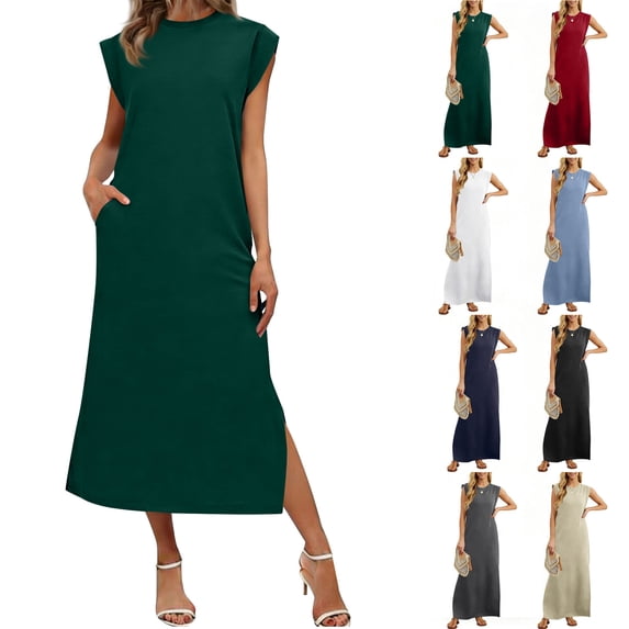 Smsaxvxz Womens Summer Tank Dresses Fashion Solid Crew Neck Sleeveless Sundress Casual Loose Beach Vacation Long Maxi Dress Green 2XL