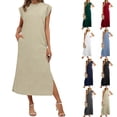 thumbnail image 1 of Smsaxvxz Womens Summer Tank Dresses Fashion Solid Crew Neck Sleeveless Sundress Casual Loose Beach Vacation Long Maxi Dress Khaki S, 1 of 8