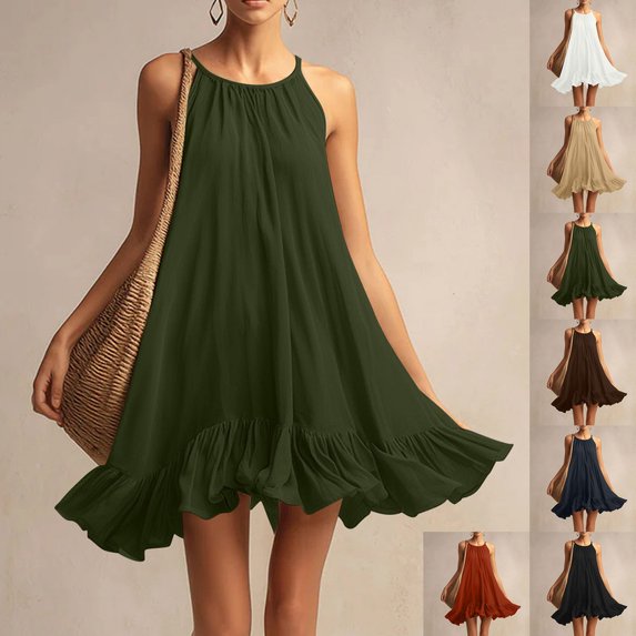Smsaxvxz Womens Summer Tank Mini Dress Fashion Solid Crew Neck Sleeveless Ruffle Hem Flowy Casual Solid Loose Beach Sundress Army Green L